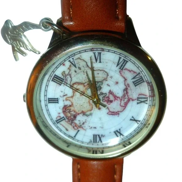 Accutime World Map Dial Watch‎ Bird Charm PC21J Japan Movt Gold Tone New Battery