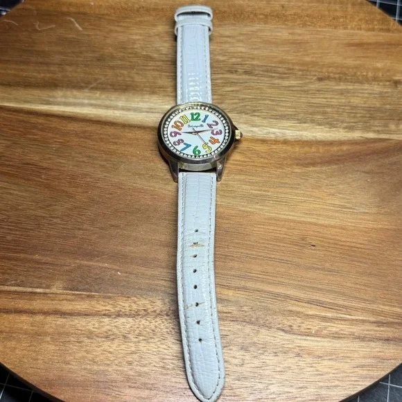 Betseyville Rainbow Rhinestone Watch White Croc Strap Gold Tone Case BV6032