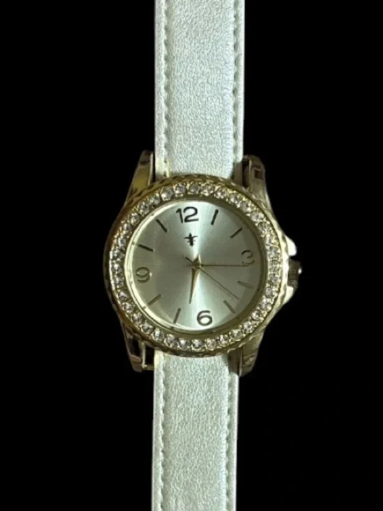 Gold-Tone Crystal Bezel Watch with Champagne Faux Leather Strap