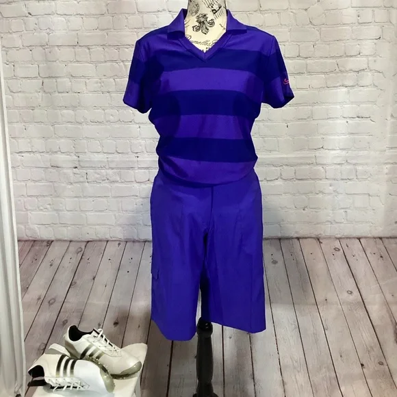 722. Nike Golf Purple Striped Dri-Fit Polo EUC Size M