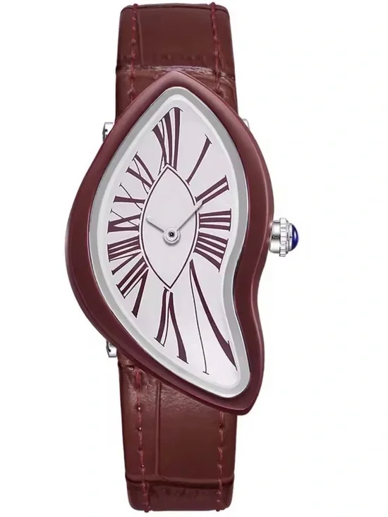 Ladies Asymmetrical Burgundy Leather Strap Watch
