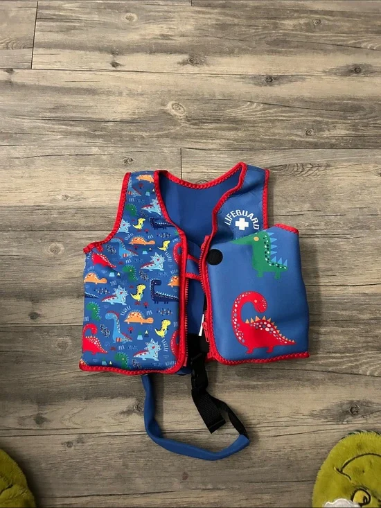 Children's Dino Swim Safety Vest - Blue with Red Trim