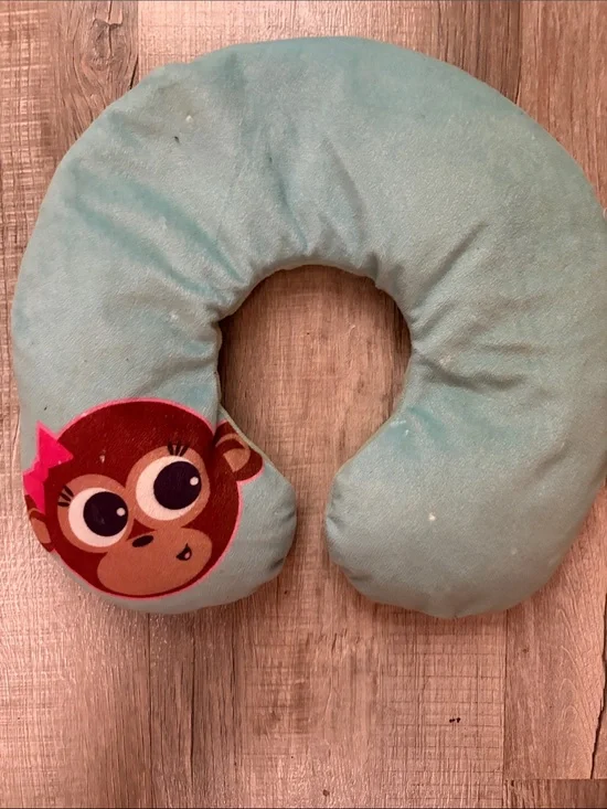 Kids Neck Support Pillow - Aqua with Monkey Design