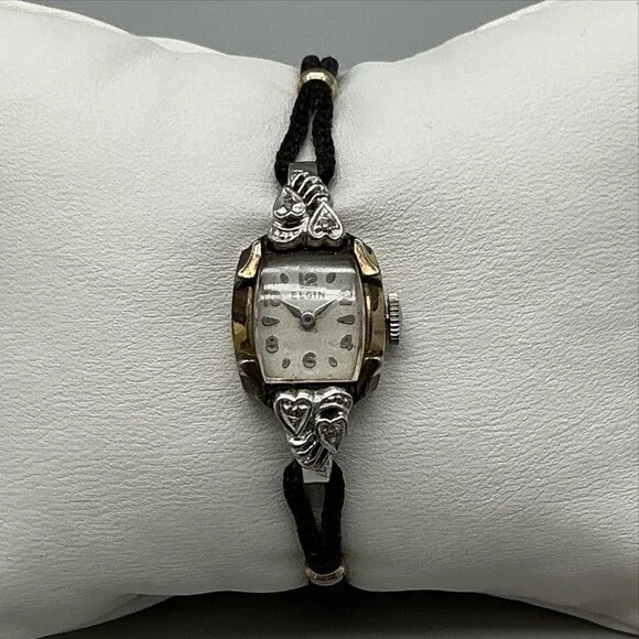 Vintage Elgin Womens Watch 14mm 10K RGP 1957 Diamond Black Cord Manual 5.75