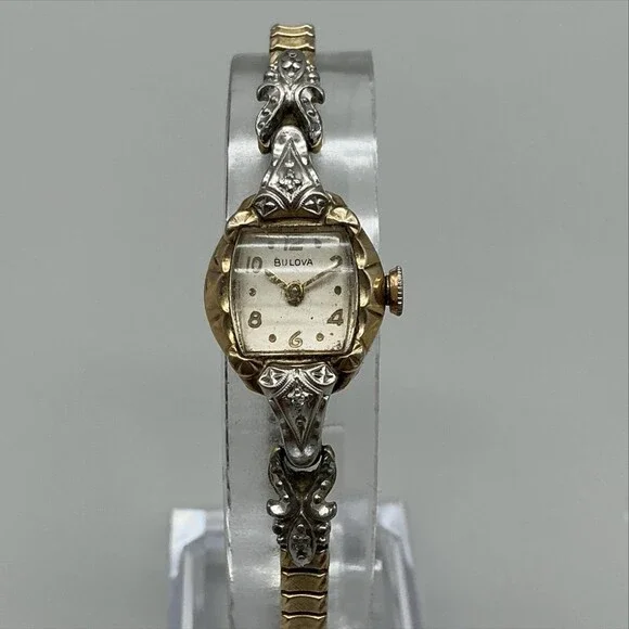 Vintage Bulova Womens Watch 16mm 1958 10K RGP Diamond Stretch Band Manual Wind