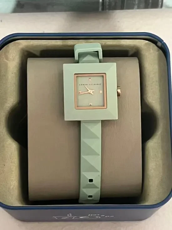 Armani Exchange AX4404 Women Square Watch Gray Silicone Strap Rose Gold