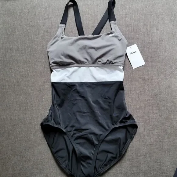 Nike Women's Gray, White & Black Racerback One Piece Swimsuit Size Large