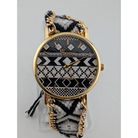 Geneva Boho Style Watch 38mm Gold Case Black/White Fabric Band- New Battery