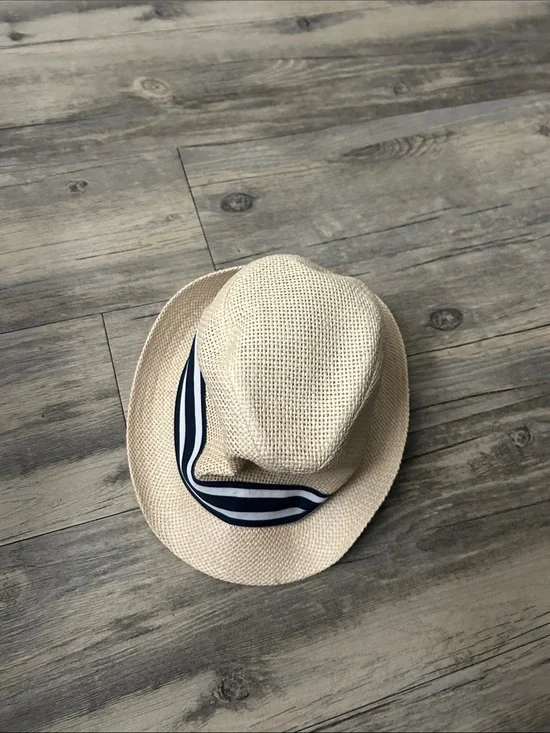 Straw Fedora Hat with Navy & White Ribbon