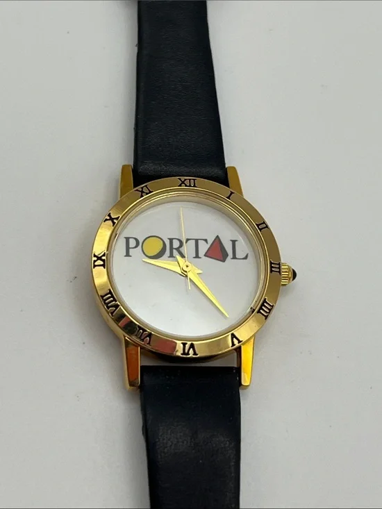 Gold-Tone Watch with Black Leather Strap