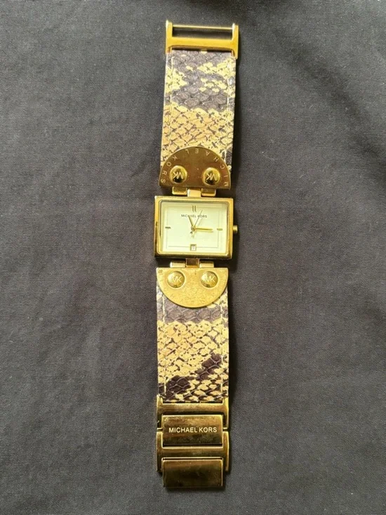 Michael Kors White Date Dial Brown Leather Gold Steel Square Watch MK2114