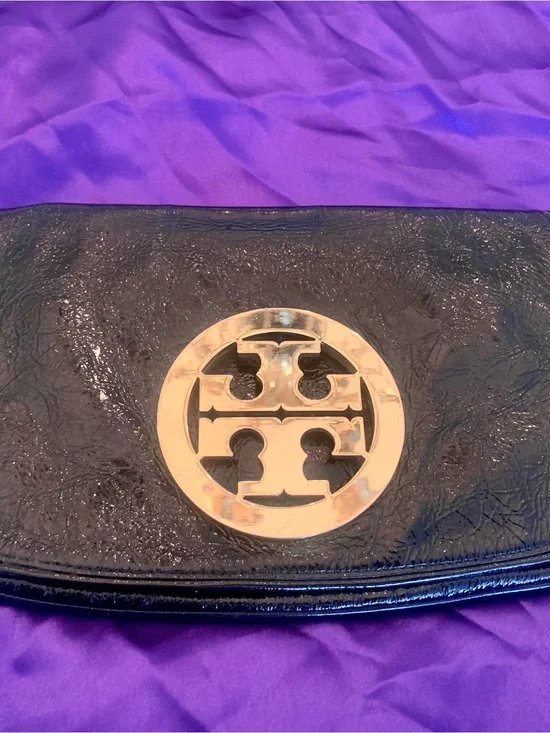 Tory Burch Black Patent Leather Clutch with Gold Logo Accent