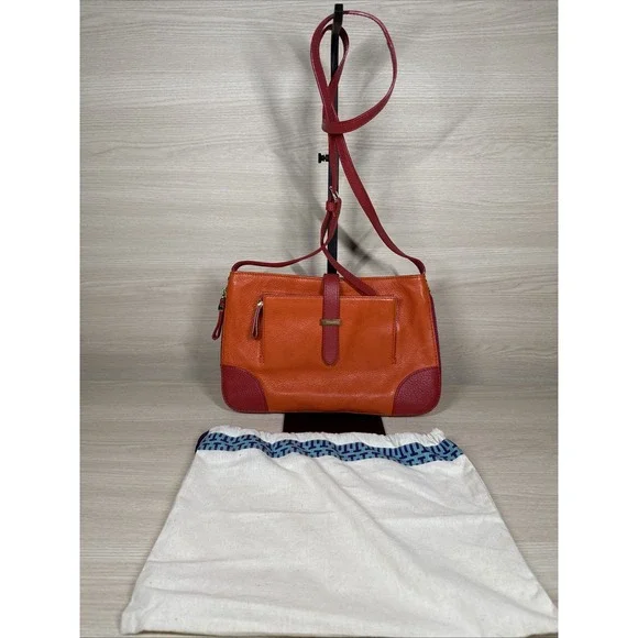 Tory Burch Pebbled Leather Crossbody‎ Bag Orange Red Leather Gold Expandable