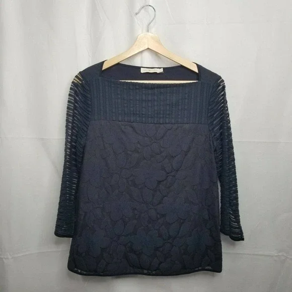 Tory Burch Navy Blue Long Transparent Sleeve Floral Pattern Top Size S/P‎