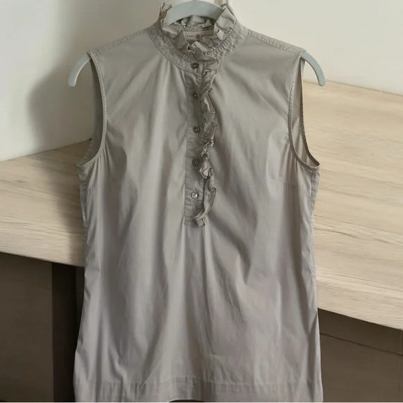 Tory Burch Light Tan Beige‎ Size 2 Ruffle Neck Sleeveless Blouse