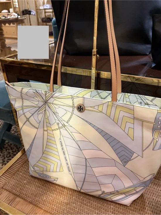 Tory Burch nylon printed tote color pattern mint sailboat spiral new in large