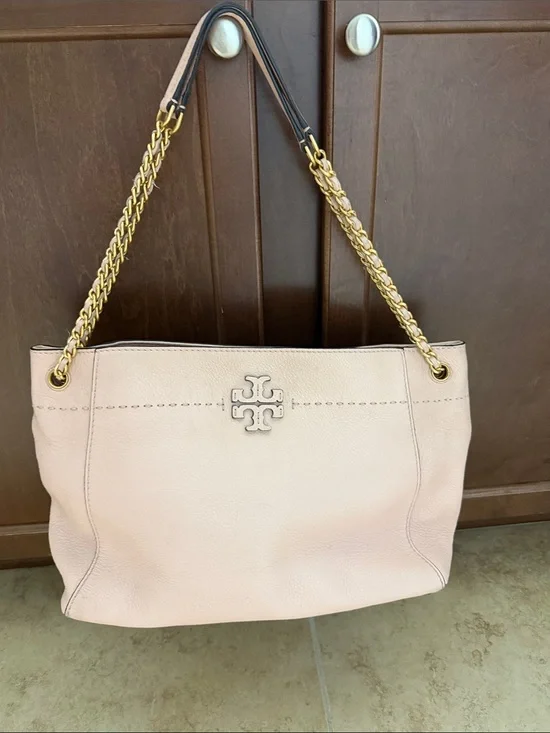 Tory Burch McGraw Blush Leather Chain-Handle Slouchy Shoulder Bag