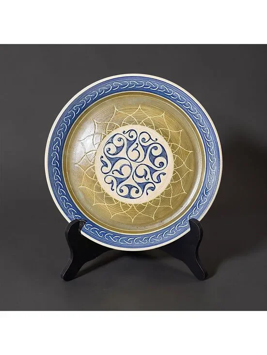 Vintage Signed Studio Pottery Charger Blue Olive Sgraffito Decorative Plate