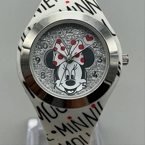 Disney Girls Watch 31mm Silver Tone Minnie Mouse Silicone MN1680BKL New Battery