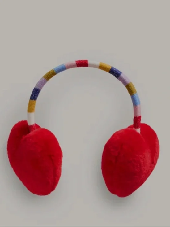 Mini Boden Red Plush Ear Muffs with Multicolor Striped Headband
