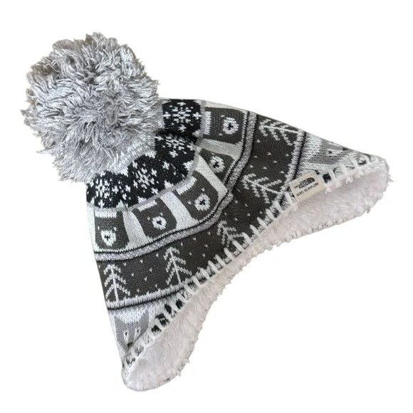 The North Face Infant Beanie Hat 0–6 Months Gray Pom Pom Fleece Lined Winter GUC