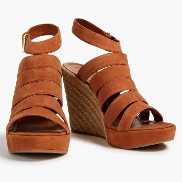 Tory Burch Womens‎ 10.5 Bailey Brown Leather Wedges Espadrilles Sandals Shoes