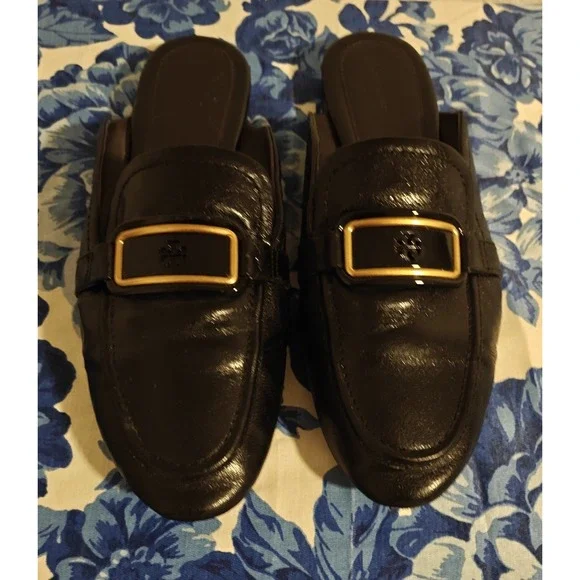 Tory Burch Georgia Backless Loafer Flats Mules Black Gold Logo Sz 10.5 M