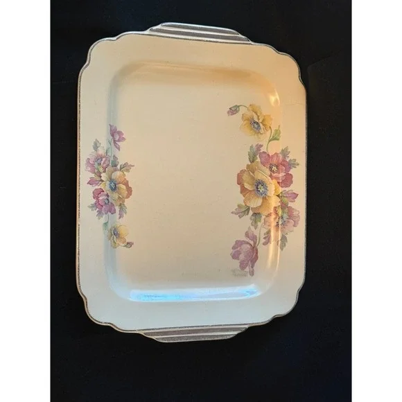 Wells Homer Laughlin‎ 13 x 10 PLATTER Century Shape Yellow Pink Flowers Art Deco