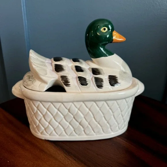 Vintage Duck on a Basket Tureen Ceramic‎ Mallard Cottagecore Farmhouse Japan
