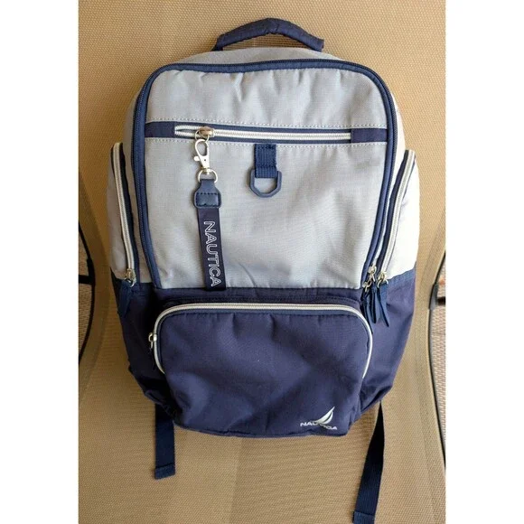 Nautica Backpack Blue Silver Insulated Drink Pockets Multi Compartment Kids Logo