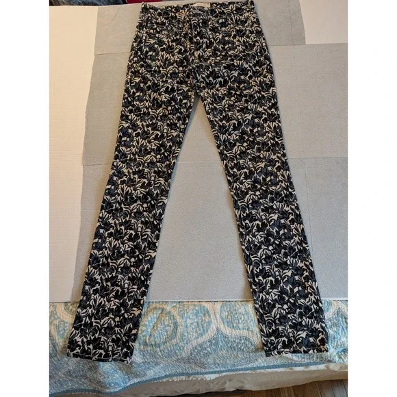 Tory Burch Blaire Printed Skinny Jeans Women's Size 26 Blue White Floral Stretch