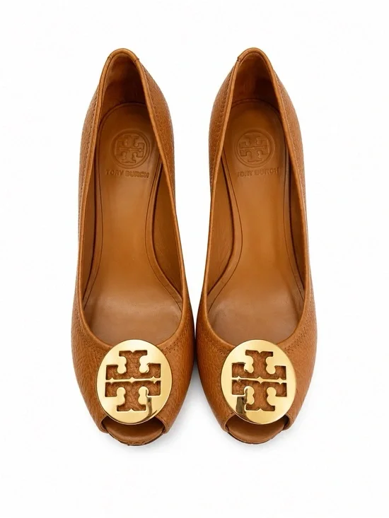 Tory Burch Tan Leather Peep-Toe Flats with Gold Logo Medallion