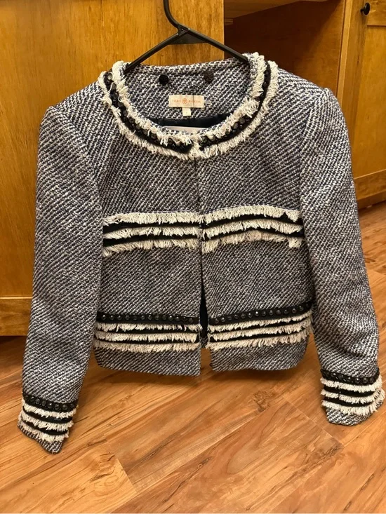 Tory Burch Navy and White Tweed Fringe Cropped Jacket