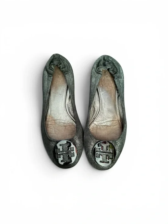 Tory Burch Metallic Green Logo Ballet Flats