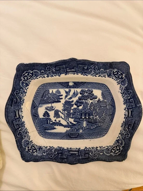 Willow White Rectangular Ironstone Platter with Blue Maker's Mark