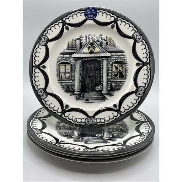Royal Stafford England Halloween Haunted Home Jack O'Lantern Dinner Plates 4‎