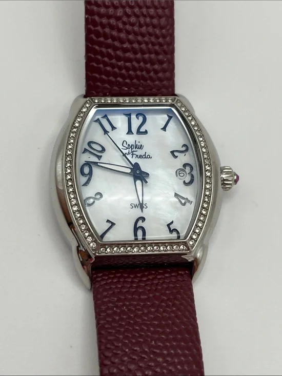 Women's Burgundy Leather Strap Crystal-Trim Watch