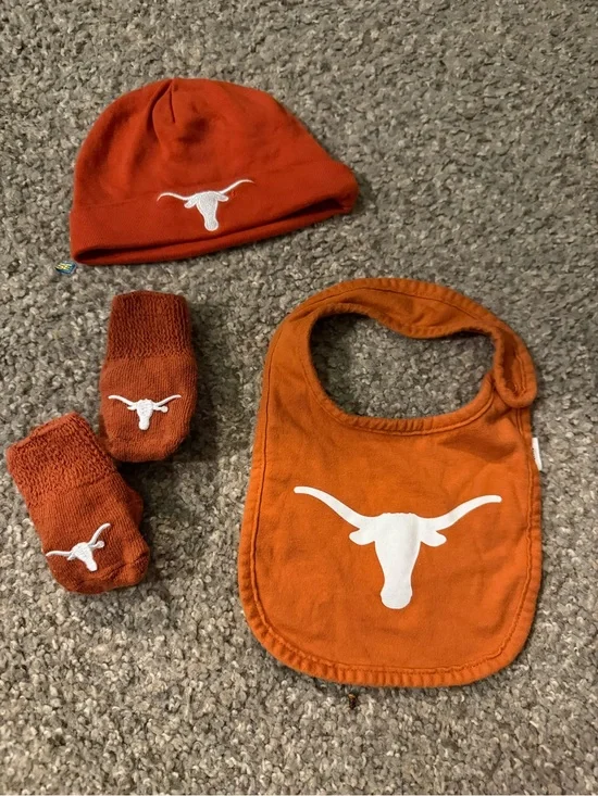 Burnt Orange Baby Bib, Hat & Socks Set with White Longhorn Logo
