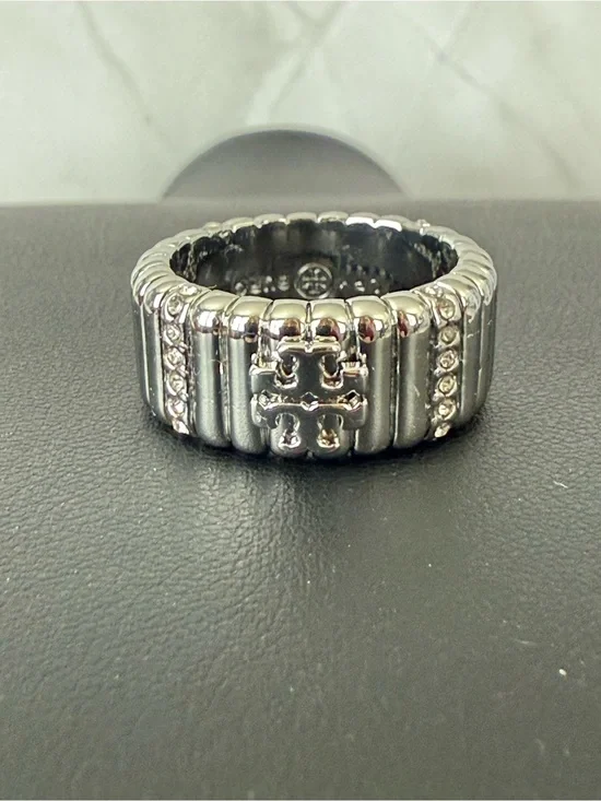Tory Burch | Silver Logo & Pave Crystal Ring | Size 8