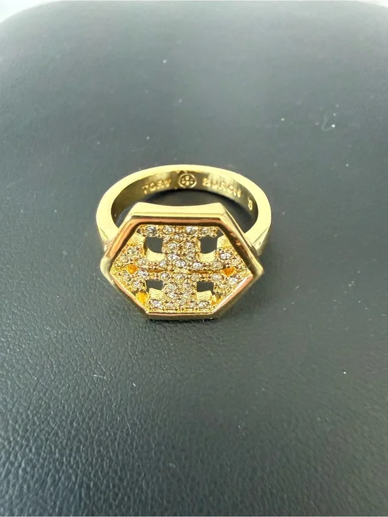 Tory Burch | Gold Pavé Logo Hexagon Ring | Size 8
