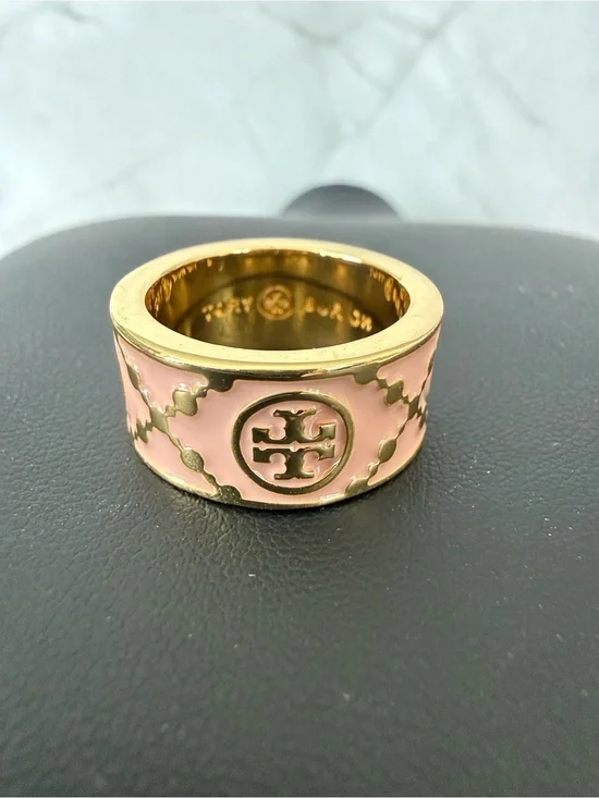 Tory Burch | Pink Enamel Logo Wide Band Ring | Sz 8