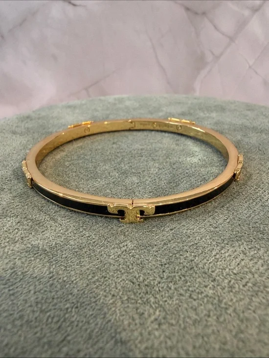 Tory Burch | Gold Plated & Black Enamel Hinged Bangle Bracelet