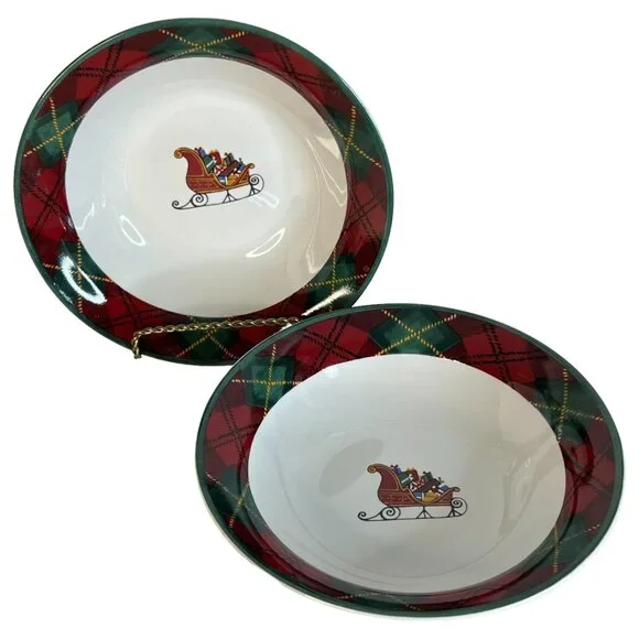 2 Block Father Christmas Soup Bowls Santa Sleigh Cereal Holiday Red Green‎ VTG