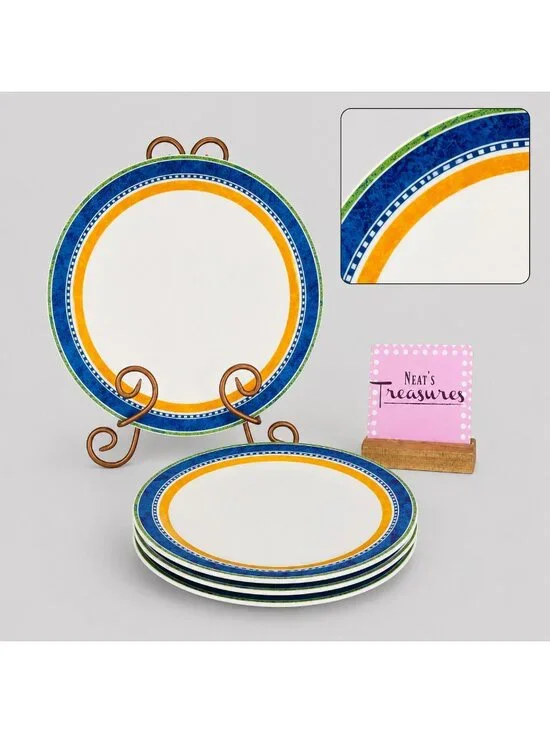 Dansk Bistro KOBENHAVN Blue Yellow Band Smooth Green Trim Dinner Plates Set of 4