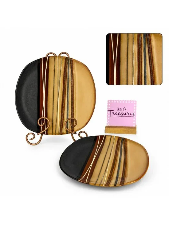 Home Trends BAZAAR BROWN Stoneware Square Tan Stripe 10 3/4