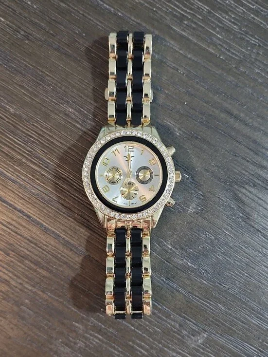 Gold Tone Bracelet Watch with Black Links