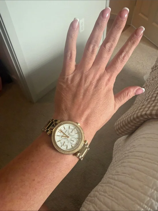 Michael Kors Gold Tone Crystal Bezel Chronograph Watch with White Dial