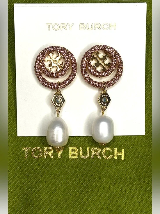 Tory Burch Pink Crystal & Gold Drop Earrings with Pearl Dangles