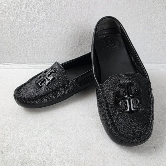 Tory Burch Ines Driver Black Pebbled Leather Loafers Tonal Logo 55810 Size 6M