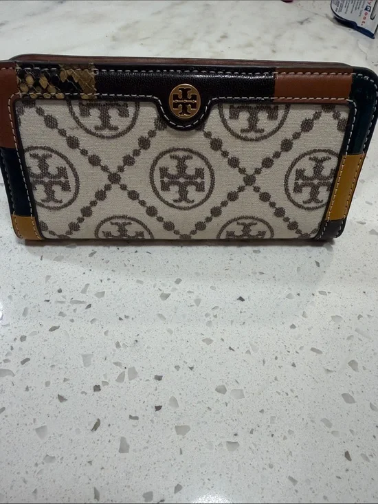 Tory Burch Monogram Beige Canvas Wallet with Brown and Mustard Trim